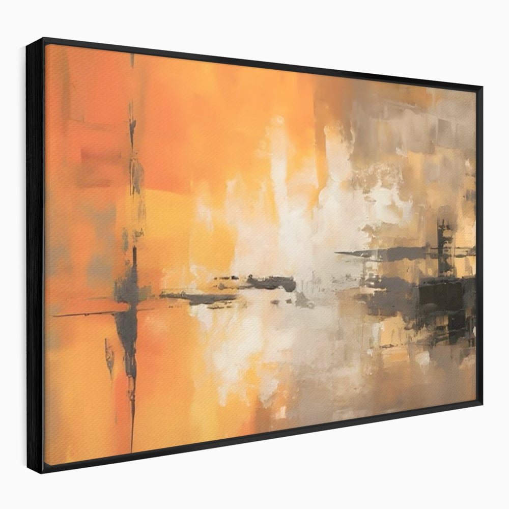 Tablou canvas cu pictura abstracta cu forme portocalii si negre, in rama de aluminiu negru